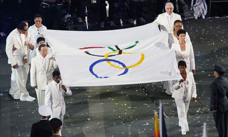 Doreen Lawrence, bottom right, with the Olympic flag at the opening ceremony.