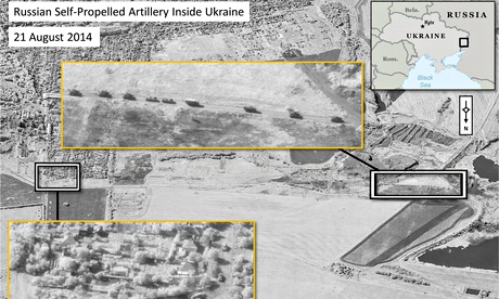 A satellite image showing what Nato claims are self-propelled Russian artillery units inside Ukraine