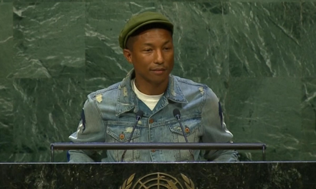 Pharrell speaks at United Nations: 'happiness is your birthright' - video