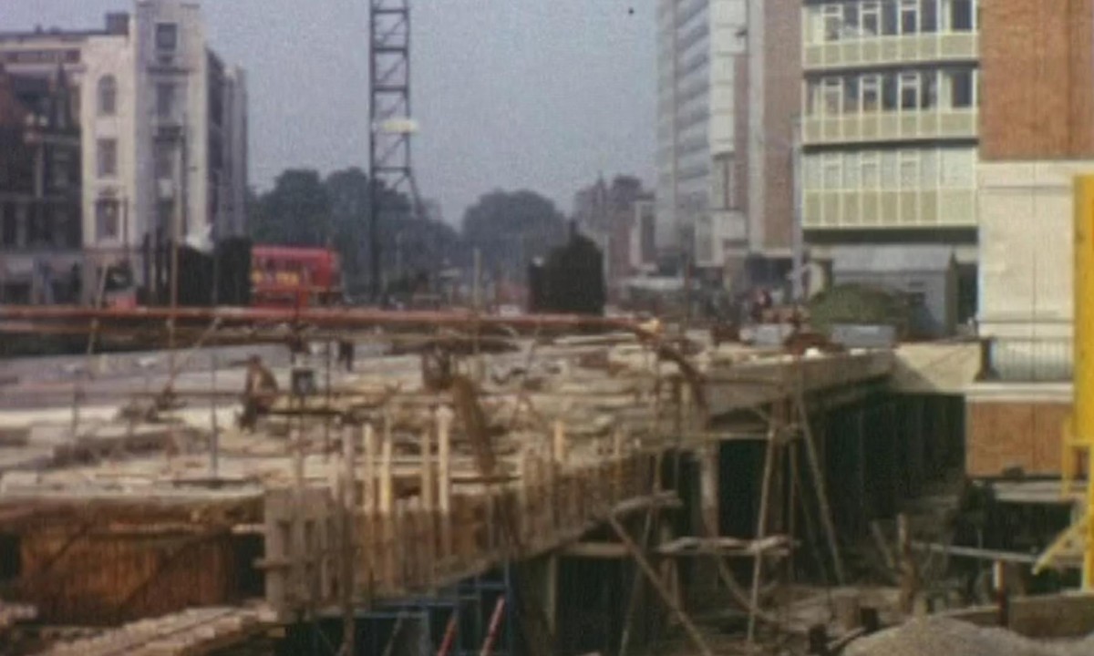 Croydon underpass construction showing landmark buildings, 1964 – archive video