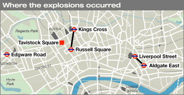 A map of where the explosions occurred in London