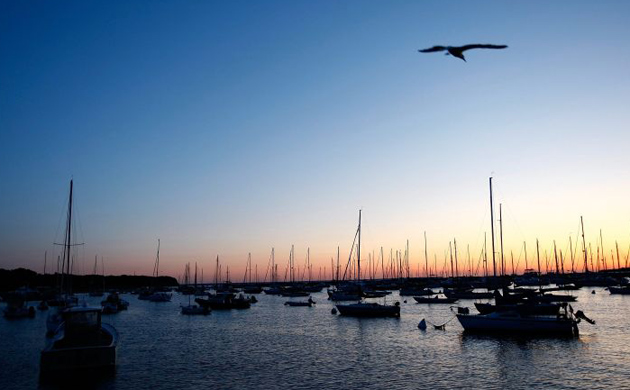 The sun rises over the town of Vineyard Haven on the island of Martha's Vineyard.
