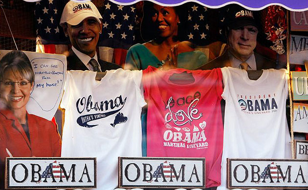 'I can see Martha's Vineyard from my house!' The Soft As A Grape store in Edgartown on Martha's Vineyard features a fun display of Obama merchandise