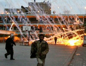 flaming phosphorous rain on school yard