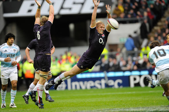 England v Argentina: Moody attempts to block a drop-goal attempt