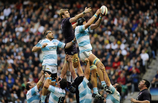 England v Argentina: Albacete beats Croft to the ball to win a lineout 