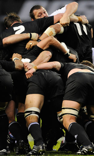 England v All Blacks: Steve Thompson tries in vain to stop a surge at a scrum