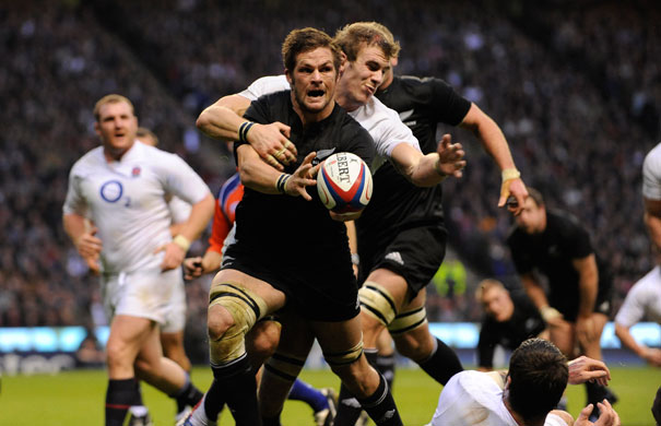 England v All Blacks: Richie McCaw brushes off Croft's tackle to make the final pass for a try
