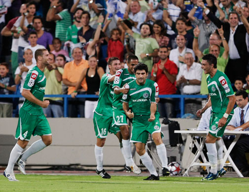 1 champ league draw: Maccabi Haifa's Vladimer Dvalishvili celebrates scoring against FC Salzburg