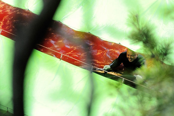 Dolphins in Japan: A fisheries worker laughs while standing in bloody waters of 'killer cove'