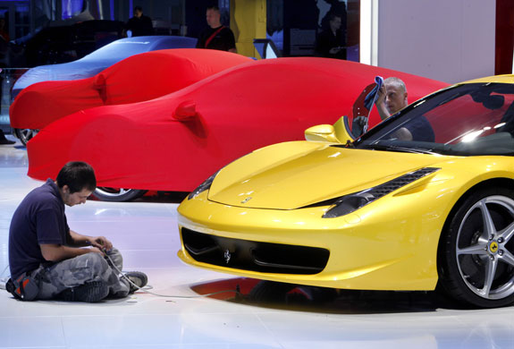 Frankfurt motor show: Italian Ferrari sport cars are prepared for display