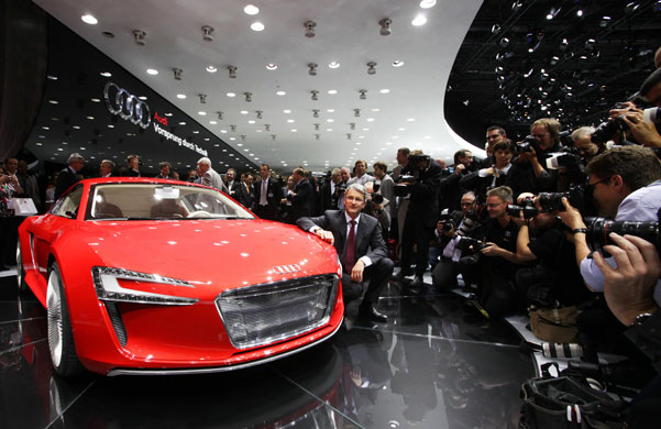 Frankfurt motor show: Audi CEO Rupert Stadler poses next to an Audi R8 E-Tron Concept car 