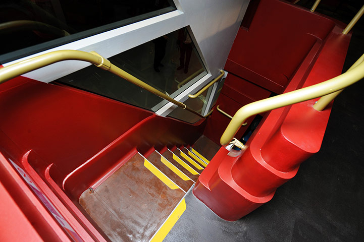 New Bus unveiled: Stairs inside the bus from the top deck