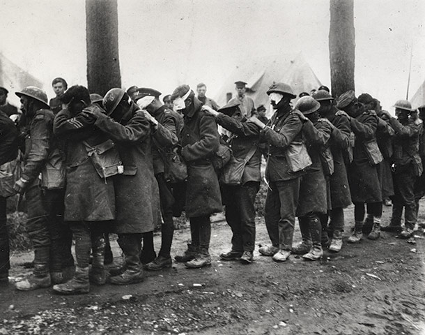 75th Anniversary of RNIB Talking Books: A troup of soliders, many with covered eyes, on return from War.