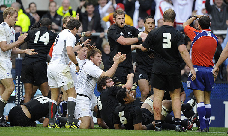 England v All Blacks: Dylan Hartley starts clapping as the referee signals for a TMO decision