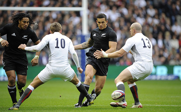 England v All Blacks: Sonny Bill Williams knocks the ball past Tindall and Flood