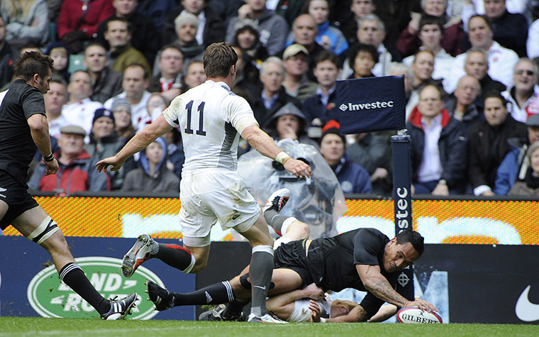 England v All Blacks: Hosea Gear scores the 1st try despite tackle from Chris Ashton