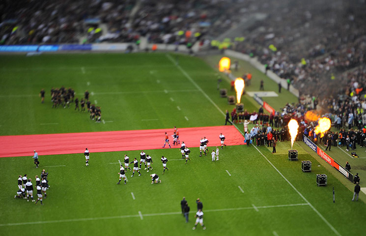 England v All Blacks: The England players come onto the pitch with flames rising