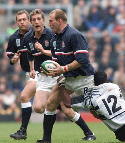 England Rugby Kits: England's Lawrence Dallaglio passes the ball during the match against Fiji