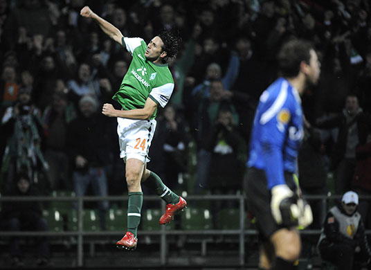 Europa League: Hat-trick hero Claudio Pizarro celebrates one of his goals 