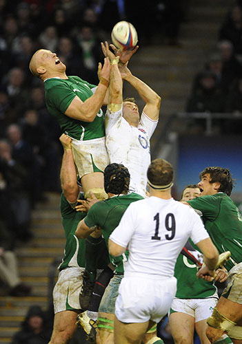 England v Ireland: Paul O'Connell catches a high ball above Mark Cueto