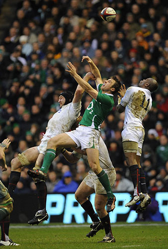 England v Ireland: Tommy Bowe competes with Borthwick and Monye at high ball