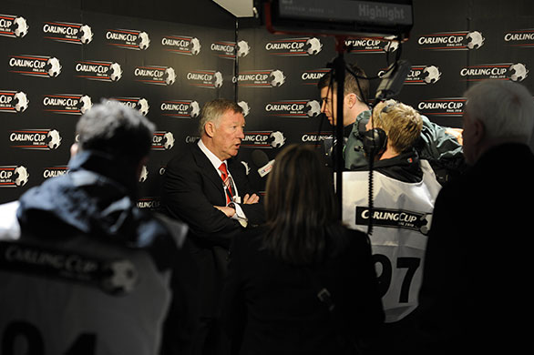 Carling Cup Final: 14:50 United boss Alex Ferguson is interviewed before the kick off