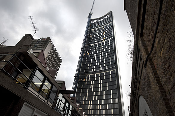 The Strata building: a newly completed tower block in Elephant and Castle, with 3 wind turbines