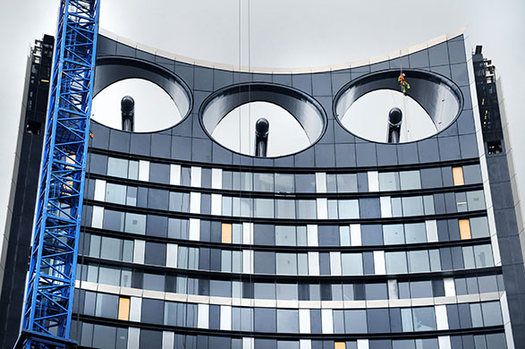 The Strata building: a newly completed tower block in Elephant and Castle, with 3 wind turbines