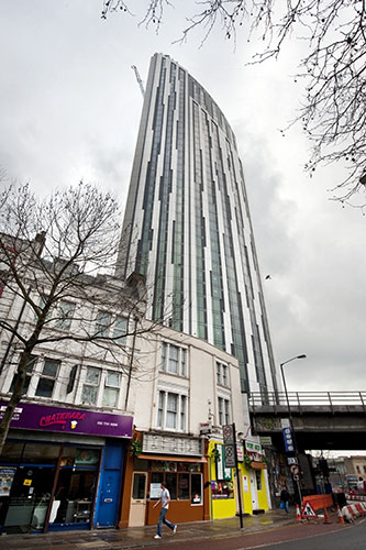 The Strata building: a newly completed tower block in Elephant and Castle, with 3 wind turbines