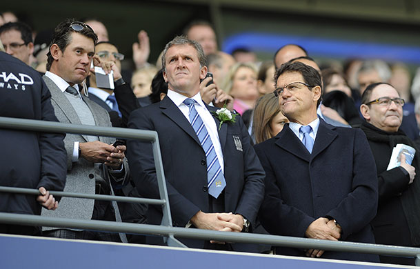 City v United: Lee Westwood, City chief executive Garry Cook & Fabio Capello in the stands