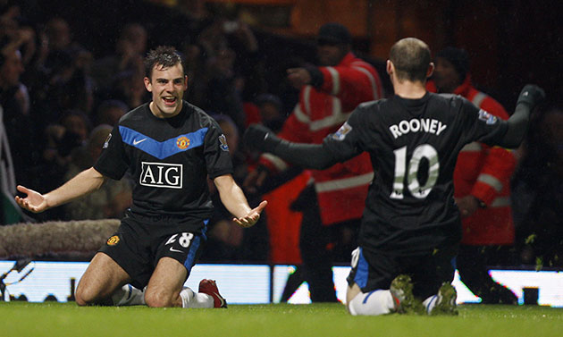 Title race gallery: Manchester United's Gibson celebrates after scoring against West Ham