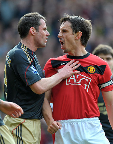 Title race gallery: Jamie Carragher and Gary Neville argue after Man Utd are awarded a penalty