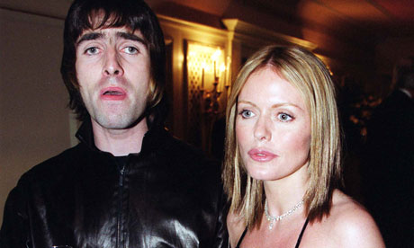 Liam Gallagher and Patsy Kensit in photo--Liam looks like he's about to cry! 