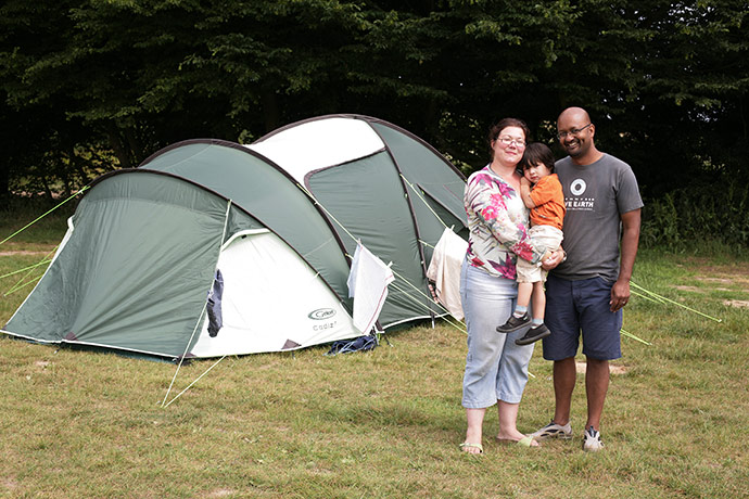 Me and my tent: Rob,  Fiona Mahadeo and Milo