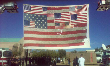A US flag made of flags from Ground Zero, at the funeral of Christina-Taylor Green 13 January 2011