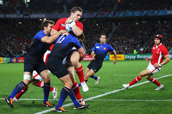 Wales v France RWC Semi: Vincent Clerc and Maxime Medard tackles George North