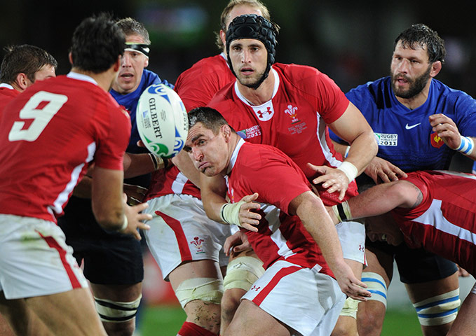 Wales v France RWC Semi: Wales' hooker Huw Bennett passes the ball out