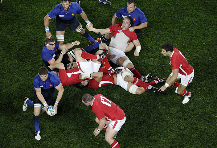 Wales v France RWC Semi: Pascal Pape emerges with the ball and runs at Paul James