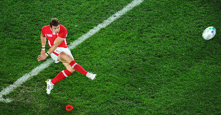 Wales v France RWC Semi: Leigh Halfpenny kicks a penalty 