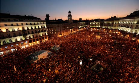 Demonstrators gather in the Puerta del Sol in Madrid.