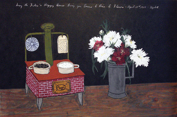 Exchanging Hats book: Red Stove and Flowers, a painting by Elizabeth Bishop