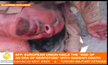 A picture on Al-Jazeera that seems to show Muammar Gaddafi's body on 20 October 2011.