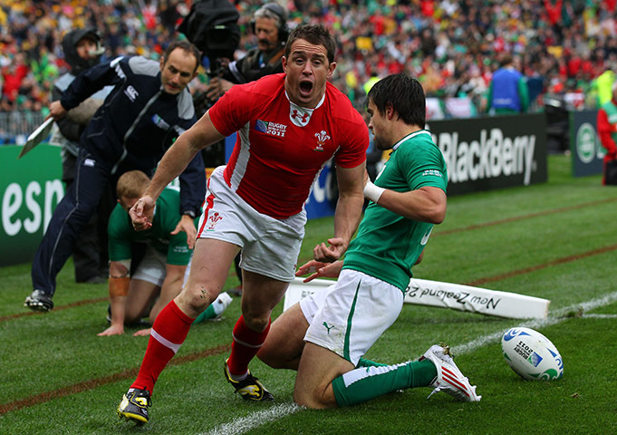 Ireland v Wales: Shane Williams celebrates scoring a try against Ireland
