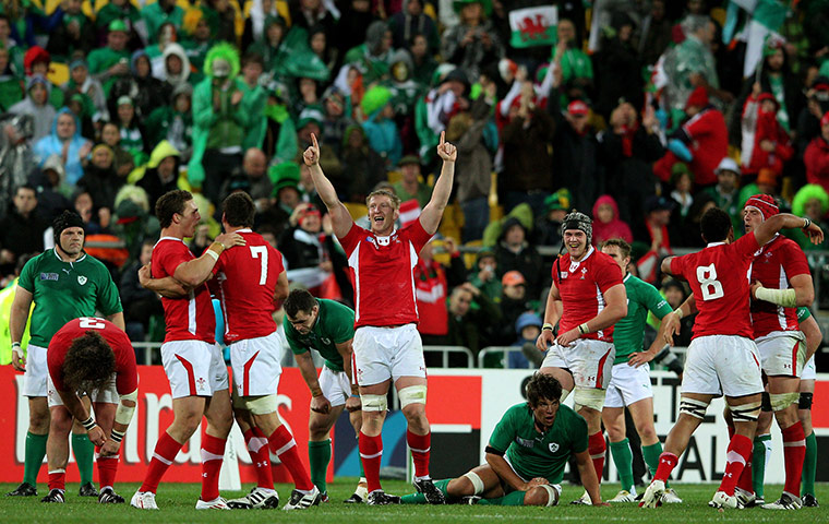 Ireland v Wales: Wales players celebrate at the final whistle goes against Ireland