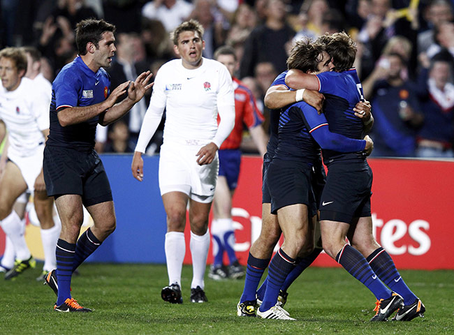 England v France: France's Maxime Medard celebrates with teammates after scoring a try