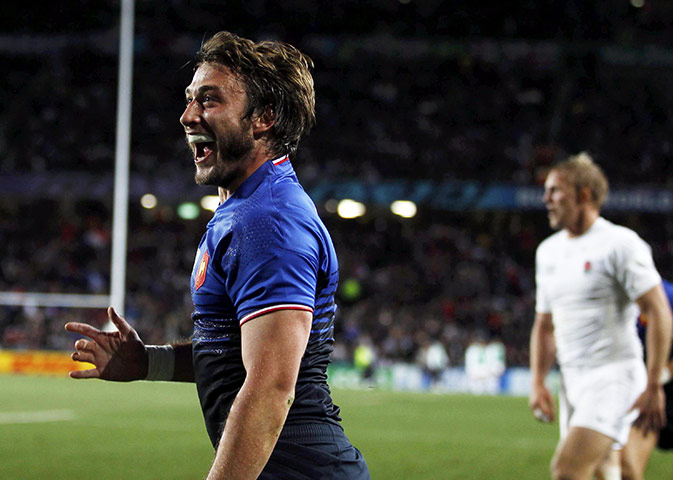 England v France: France's Maxime Medard celebrates after scoring a try