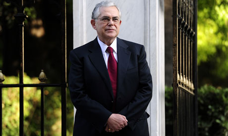 Greek Prime Minister Lucas Papademos outside the Greek Presidential palace in Athens