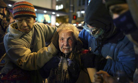 Seattle activist Dorli Rainey, 84, after being hit with pepper spray at an Occupy Seattle protest