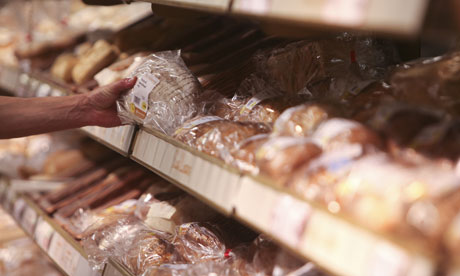 Shelves of bread in a supermarket